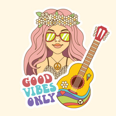 Good vibes Only. a groovy hippie girl. rainbow postcard, poster