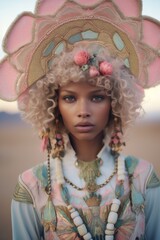Fototapeta premium A young girl wearing a vibrant pink garment and headgear stands outside, radiating confidence and strength