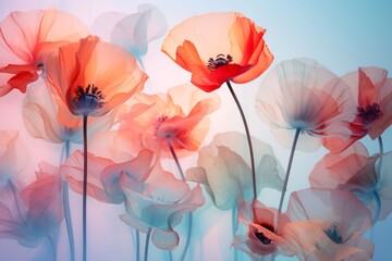 A vibrant splash of poppies against a tranquil light blue sky, their vibrant petals beckoning to be appreciated in all their wild beauty