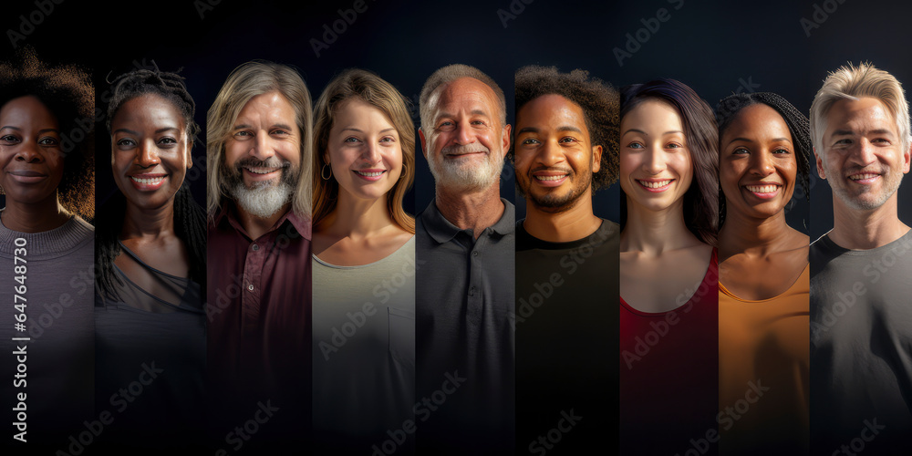 Wall mural Diverse Group of people Happiness,Diversity, Equity, Inclusion, and Belonging (DEIB) with a powerful image that represents diverse individuals coming together, banner