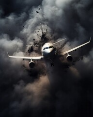 The dark airplane cut through the smoky sky, leaving a trail of its own majestic wings as it soared above the clouds in an exhilarating display of freedom and power
