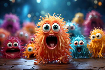 Funny monsters with eyes and mouth. Halloween concept. 3D Ilustration