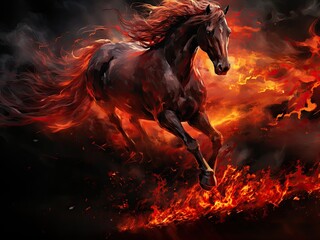 Obraz na płótnie Canvas A black horse, a ghost, a flowing black mane, fierce, flaming red eyes, is engulfed in flames. Generated by AI.