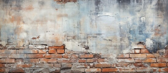 Aged brick wall with weathered texture and peeling paint