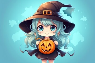 Halloween Cute little witch with a pumpkin