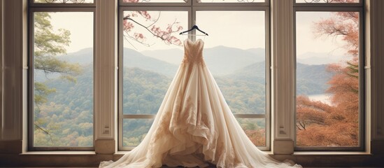 A panoramic window frames a cream colored bride dress hanging