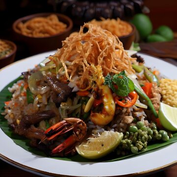 Tumpeng Rice with Various Side Dishes on a Round Plate - Photos of Tempting Indonesian Food