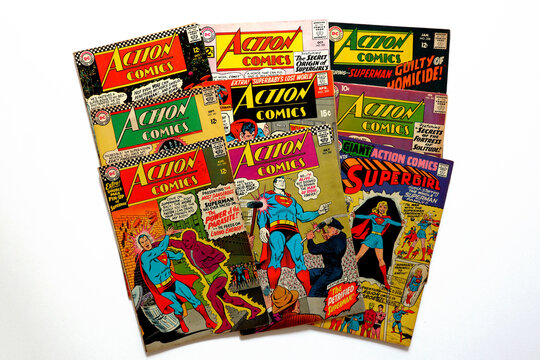 Los Angeles, California &ndash;  September 14, 2023: Vintage Covers of ACTION COMICS - DC Comics. American Comic book with Superman and Supergirl the first major superhero characters 