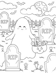 Halloween coloring page for kids. Trick or Treat. Ghost with sweets, cemetery. Cartoon children in Halloween costumes. Cute children, witch, dracula, pumpkin, bat, zombie, mummy, crypts with pumpkins