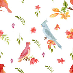 Seamless floral pattern with birds and magnolia. Pattern of dove, parrot and tropical flowers. Floral pink illustration with doves, magnolia, plumeria