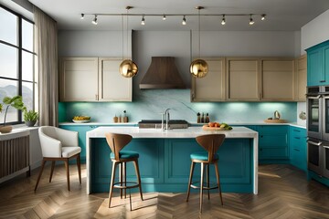 Luxury modern and vintage turquoise interior. Marble kitchen island with wooden chockers. Brown...