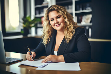 Plus size manager woman working sign documents at desk in office, CEO  businesswoman, Big boss, Plus size people, Fat female chief, Generative AI - obrazy, fototapety, plakaty