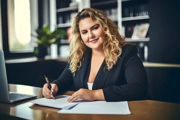 Fotobehang Plus size manager woman working sign documents at desk in office, CEO  businesswoman, Big boss, Plus size people, Fat female chief, Generative AI © rabbizz77
