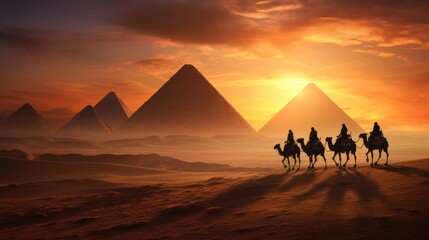 a group of Bedouins on camelback, silhouetted against the warm hues of a desert sunset near the Pyramids of Giza. This image captures the romance and grandeur of desert travel in Egypt." commercial
