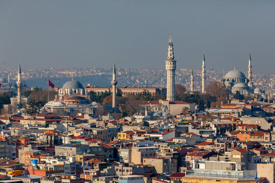 Aerial view of Beyazit Tower, Beyazit Mosque and Suleymaniye Mosque, Istanbul, Turkey.