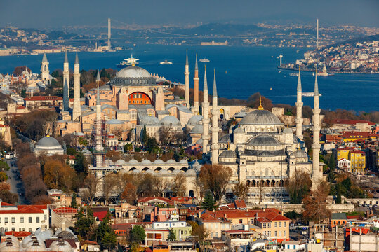 Aerial view of Blue Mosque, Hagia Sophia, Bosphorus and Bosphorus Bridge, Istanbul, Turkey.
