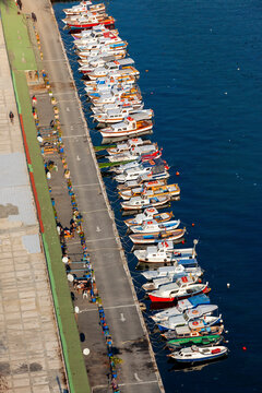 Aerial view of small fishing boats moored along the Samatya coast on the Marmara Sea, Istanbul, Turkey.
