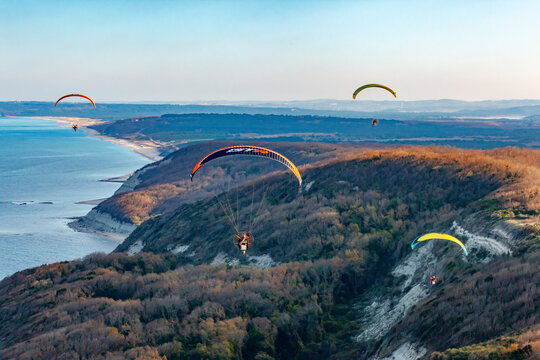 Aerial view of four paramotor pilots flying over trees and hills at the Black Sea coast of Istanbul, Turkey.