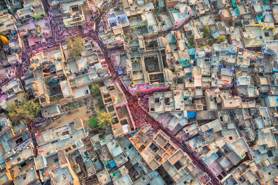 Aerial view of Shri Raas Bihari Temple during the Holy colour festival in Barsana, Uttar Pradesh, India.