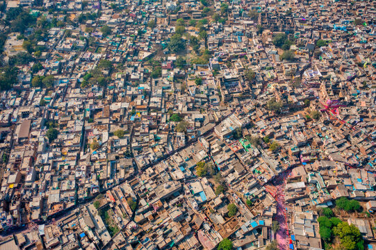 Aerial view of Shri Raas Bihari Temple during the Holy colour festival in Barsana, Uttar Pradesh, India.