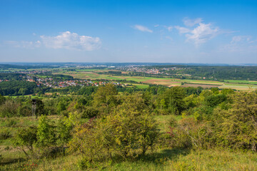 Fototapeta na wymiar View from the Ehrenbürg, also called Walberla, near Kirchehrenbach/Germany in Franconian Switzerland to Wiesenthau