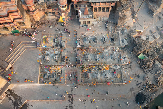 Aerial view of people working along the Ganges river in Varanasi, Uttar Pradesh, India.