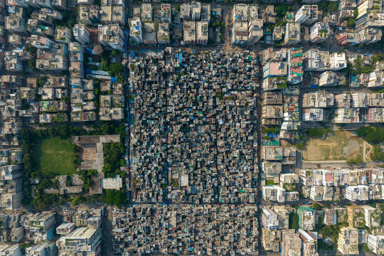 Aerial view of densely populated Mohammadpur Geneva refugee camp, known as Bihari Camp in Dhaka, Bangladesh.