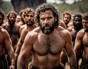 Fototapeta na wymiar photo of group of strong caveman gang, generative AI