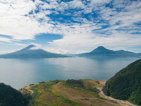 Aerial View of Lake Atitlan with Volcano San Pedro and Volcano Toliman,Solola Department, Guatemala.