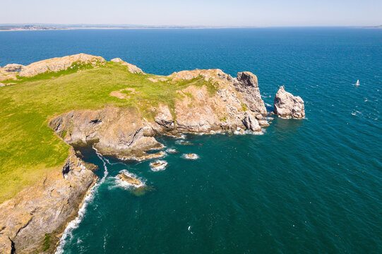 Aerial Drone View of Ireland's Eye Island, Howth, Dublin, Ireland.
