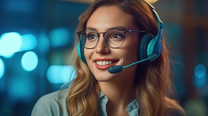 Customer service representative with curly hair talking through headset, Generative AI Illustration