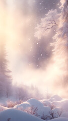 Winter landscape with sun rays and snow. AI - obrazy, fototapety, plakaty