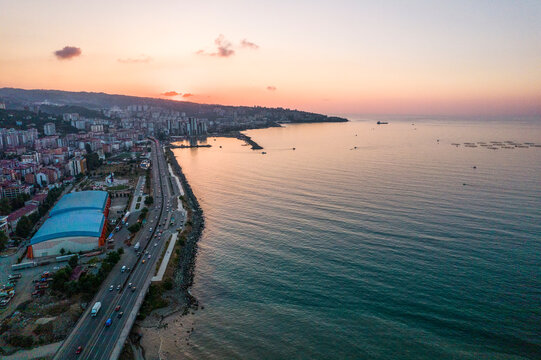 Aerial Drone View of Trabzon City The Black Sea Seaside, Turkey at Sunset.