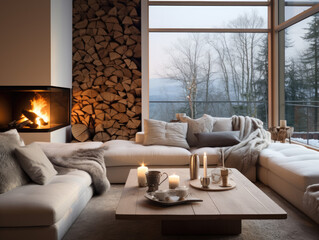 Obraz premium Cozy Living Room with a Crackling Fireplace and Wooden Logs