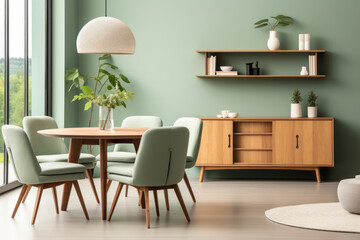 Scandinavian Mid-Century Home Interior with Mint Dining Chairs