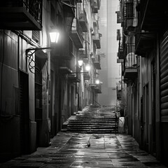 Fotografia de calle estrecha de noche, con farolas encendidas, en blanco y negro