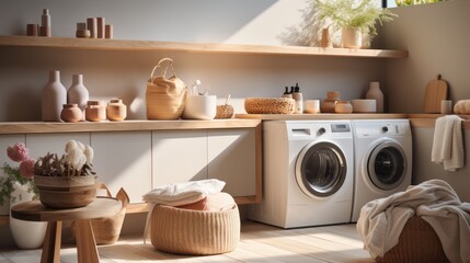 A modern washing machine and shelving unit are seen in a laundry room interior. A neutral color tone is used for the laundry room, and the lighting is bright and realistic.