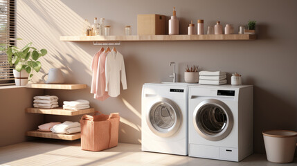 A modern washing machine and shelving unit are seen in a laundry room interior. A neutral color tone is used for the laundry room, and the lighting is bright and realistic.