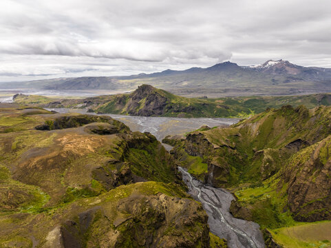 Aerial view of a river crossing the canyon in Hvolsvollur, Southern Region, Iceland.