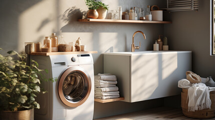 A modern washing machine and shelving unit are seen in a laundry room interior. A neutral color tone is used for the laundry room, and the lighting is bright and realistic. - obrazy, fototapety, plakaty