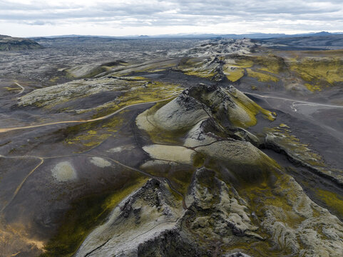 Aerial view of Laki crater, a volcano chain in Kirkjubaejarklaustur, Southern region, Iceland.