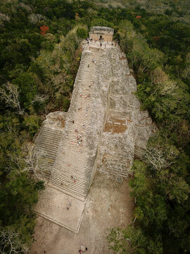 Aerial view of Nohoch Mul, the highest Mayan pyramid in the Yucatan Peninsula, Mexico.