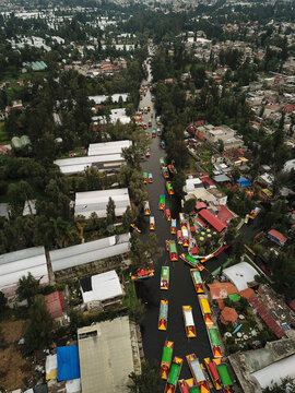 Aerial view of Trajineras in Xochimilco, Mexico City, Mexico.