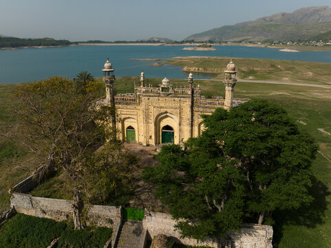 Aerial view of abandoned Mosque right next to Khanpur Dam, Islamabad Capital territory, Pakistan.