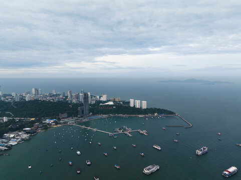 Aerial view of Pattaya Marian and island at sunrise, Chonburi, Thailand.