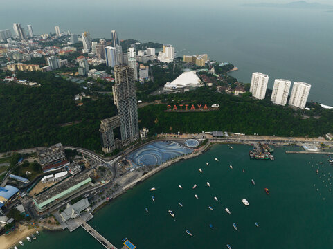 Aerial view of Pattaya city sign in port area of Pattaya, Thailand.