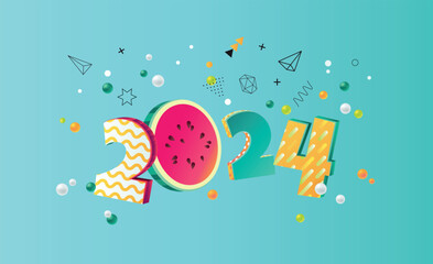 Happy new year 2024 holiday background with 3d numbers 2024 in juicy colors. Vector illustration