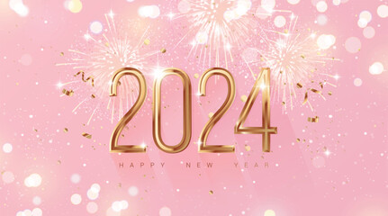 Happy new year 2024 holiday background with 3d gold numbers 2024, fireworks and Christmas lights in pink and gold colors. Vector illustration