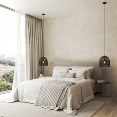 Home interior bedroom with bed and lamp. White bedding and black bedside table. Window with mountains nature view background. 3d rendering. High quality 3d illustration