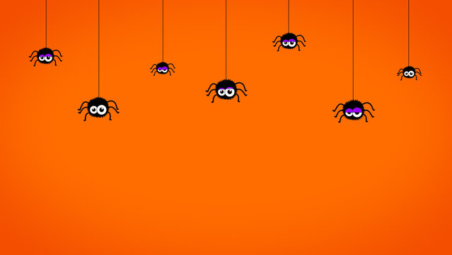 happy Halloween wallpaper, hanging spiders on orange background, new blank design element